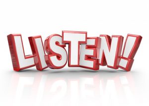 Listen word in red 3d letters to illustrate important information you must pay attention to hear